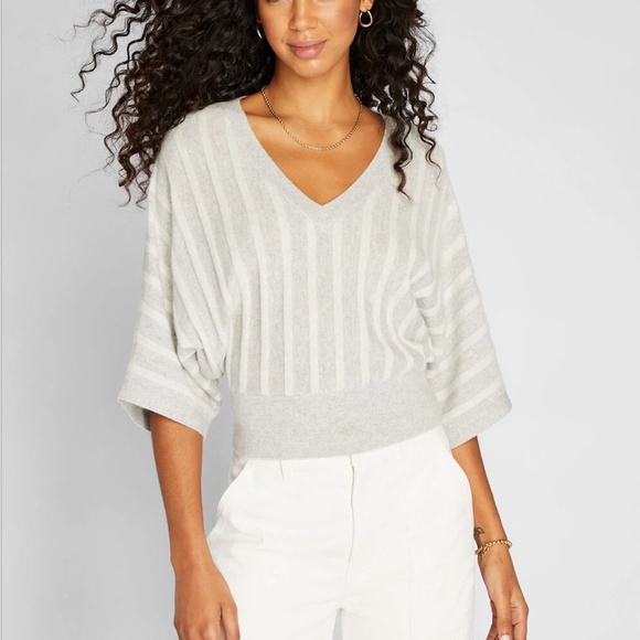 Cashmere Dolman V-Neck Sweater - New With Tags - NEVER WORN - Grey Stripe